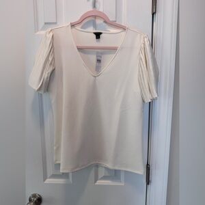 Ann Taylor Cream Pleated Sleeve V-Neck Blouse
